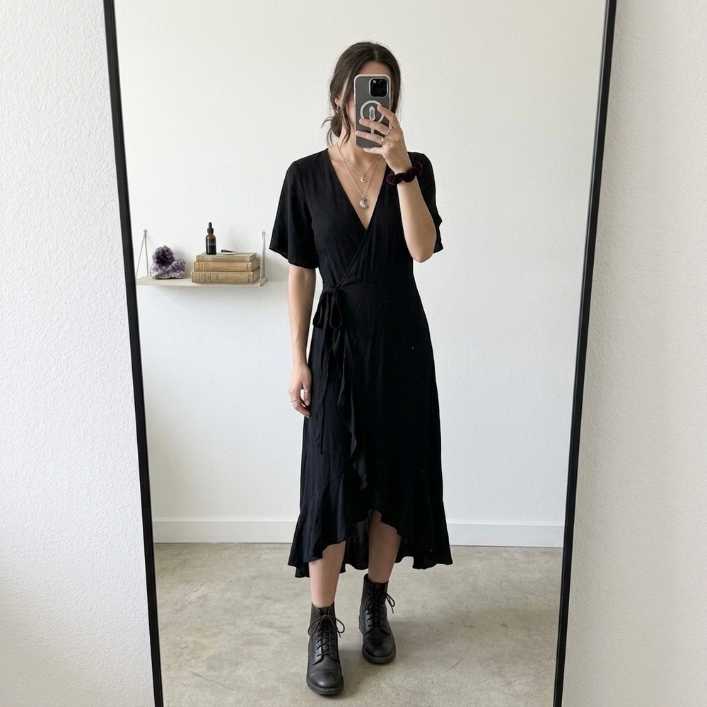 Koko Mason Ruffle High-Low Wrap Midi Dress Womens S Black NWT Whimsy Fairy Goth